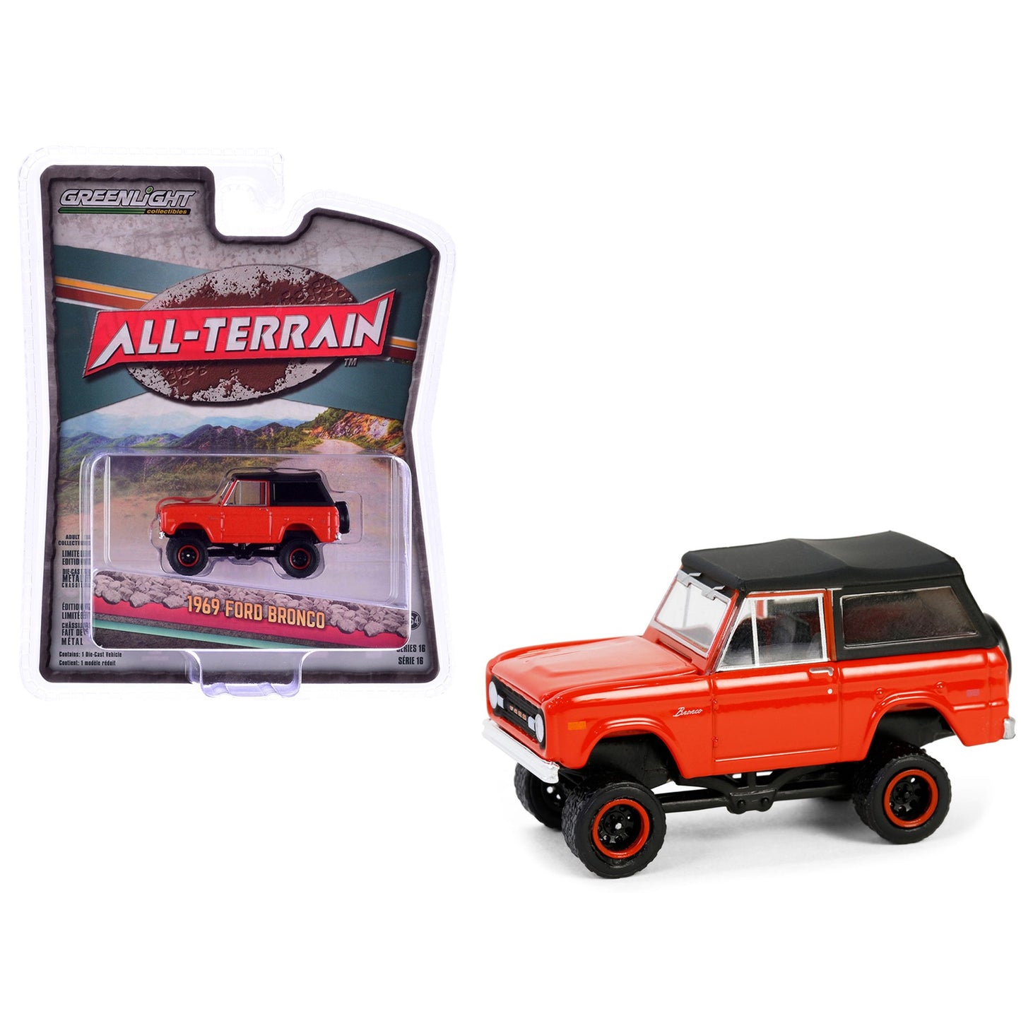 1969 Ford Bronco Lifted with Soft Top - Poppy Red All-Terrain Series 16 Greenlight Collectibles Fishwheels