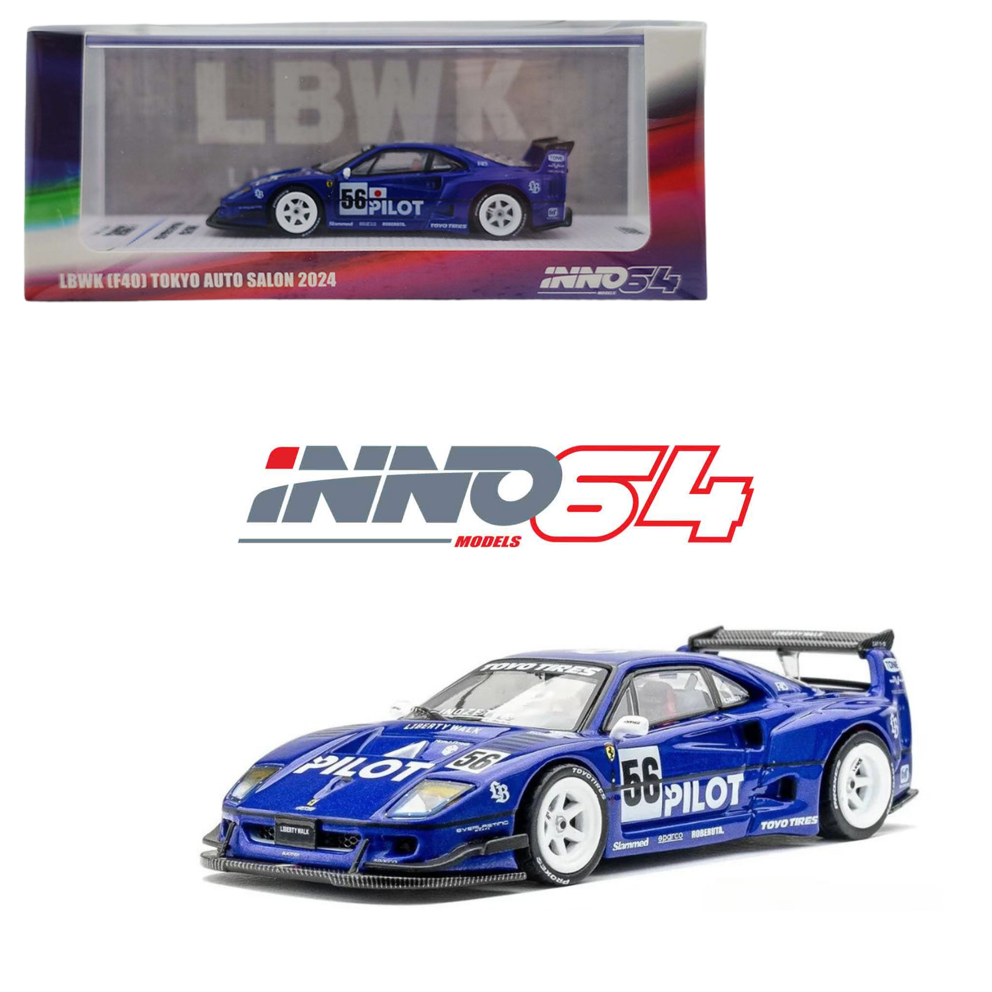 Ferrari F40 Liberty Walk Pilot Tokyo Auto Salon 2024 Blue Inno 64 - Fishwheels Diecast