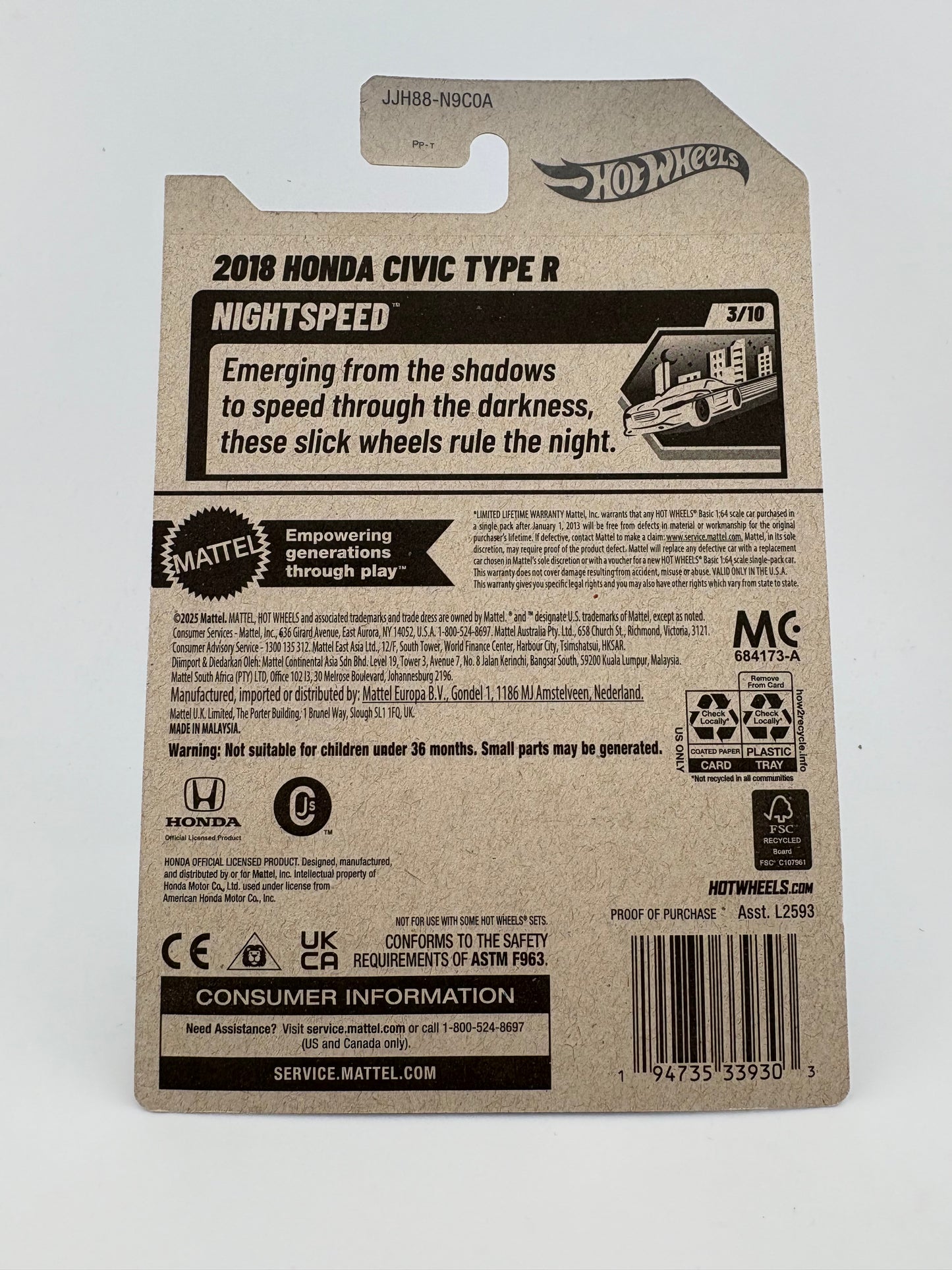 Hot Wheels – 2018 Honda Civic Type R (Nightspeed Series)