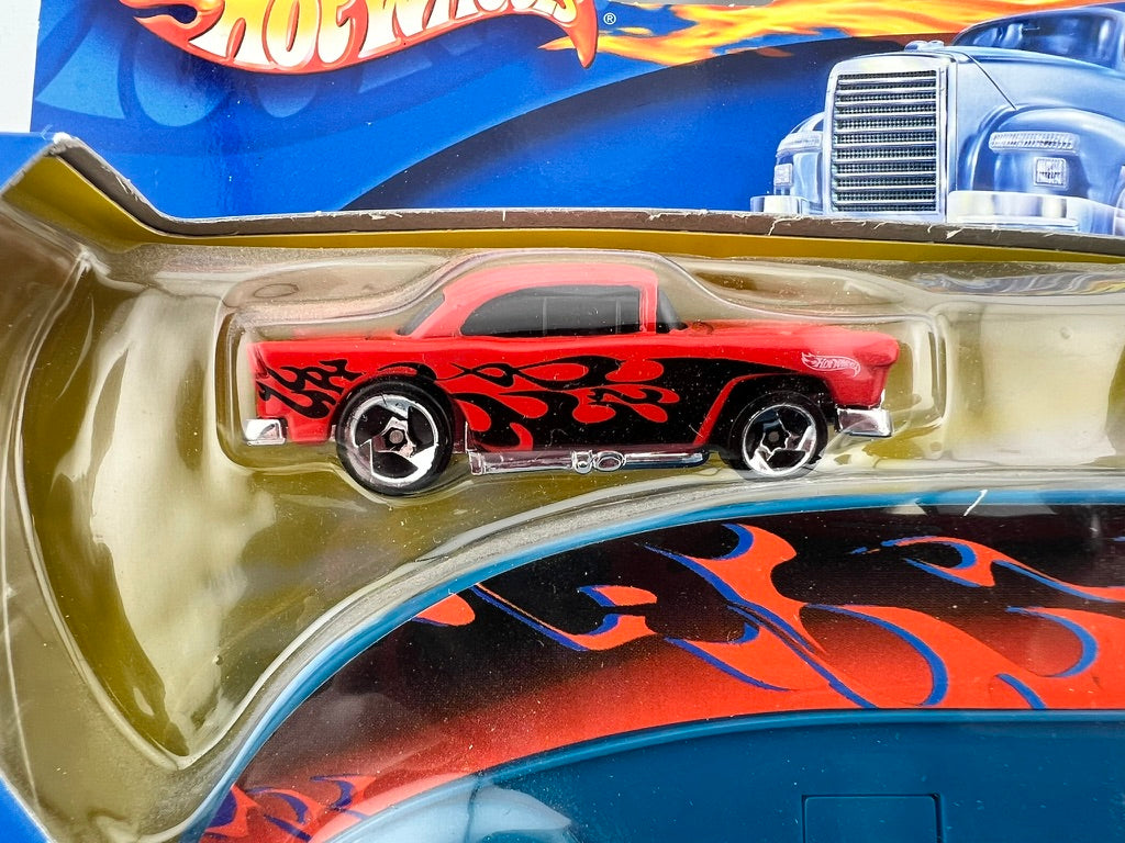 Hot Wheels Pavement Pounder – Red Flame Hauler with ’55 Chevy Fishwheels