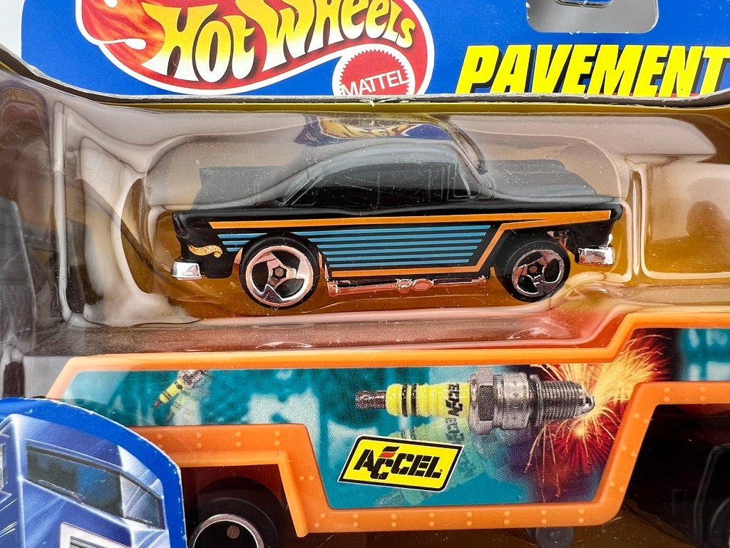 Hot Wheels Pavement Pounders Diecast Transport Truck & ’55 Chevy Fishwheels