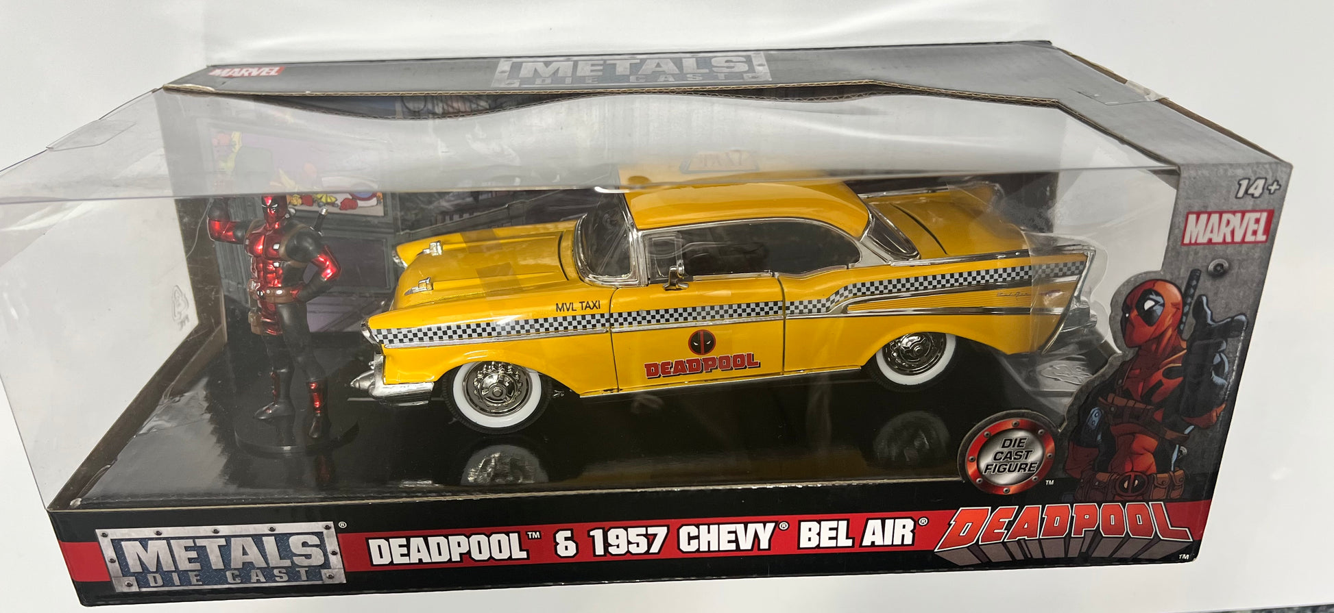 Jada 1957 Chevrolet Bel Air Taxi Yellow with Deadpool Die-cast Figure Marvel Series 1:24 scale