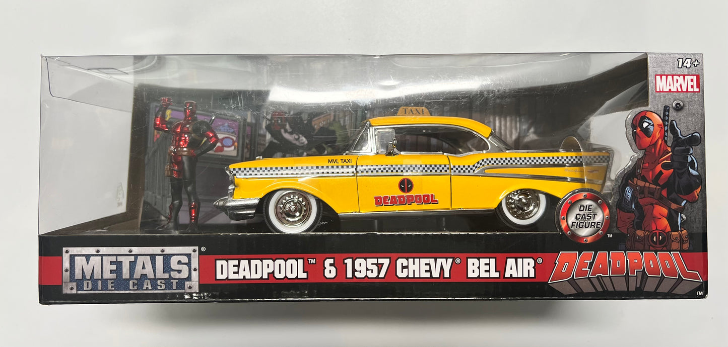 Jada 1957 Chevrolet Bel Air Taxi Yellow with Deadpool Die-cast Figure Marvel Series 1:24 scale