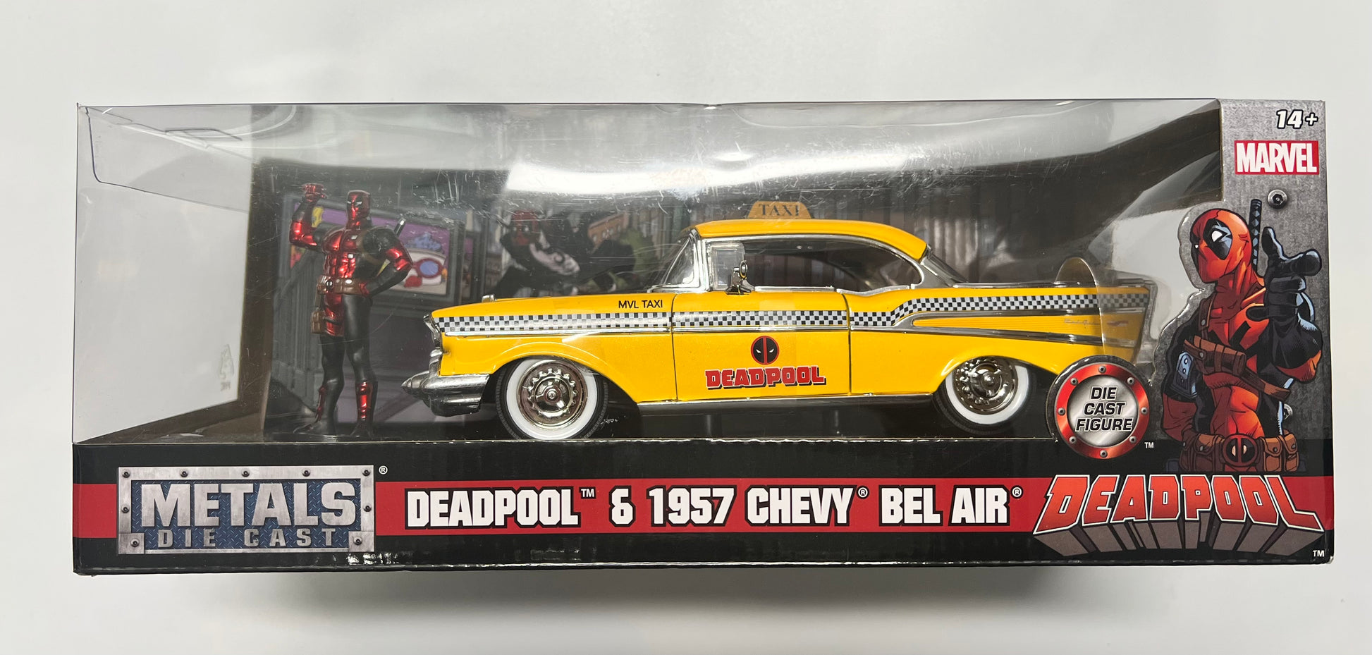 Jada 1957 Chevrolet Bel Air Taxi Yellow with Deadpool Die-cast Figure Marvel Series 1:24 scale