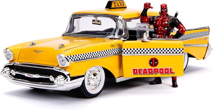 Jada 1957 Chevrolet Bel Air Taxi Yellow with Deadpool Die-cast Figure Marvel Series 1:24 scale
